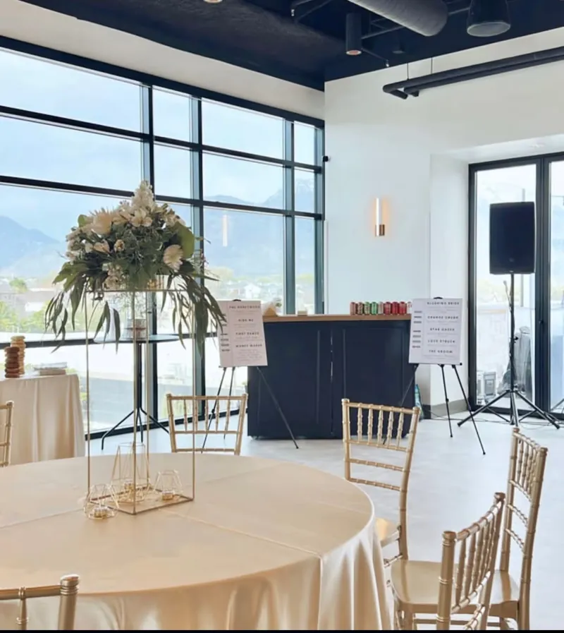 Drink station and menu signs set up in the main room at Moments on Main, Payson, Utah