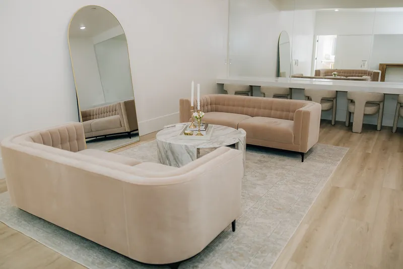 Bridal suite lounge and vanity at Moments on Main, Payson