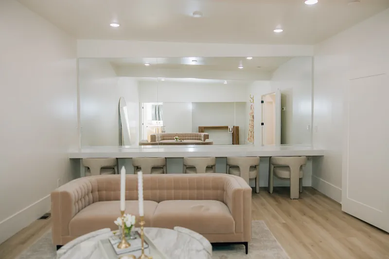 Bridal suite vanity and sofa at Moments on Main wedding venue, Payson