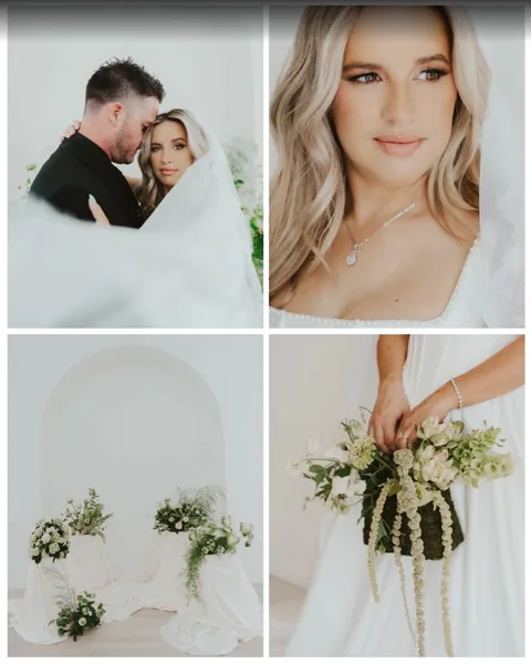 Four-photo collage of a couple's portraits and bouquet at Moments on Main, from Mette Blackburn's Google review