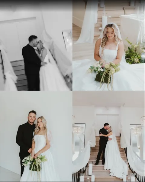 Collage of a couple on the staircase and beneath the arch at Moments on Main, from Mette Blackburn's Google review